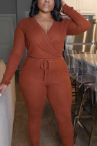 Brown Casual Twilled Satin Solid V Neck Plus Size 
