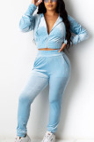 Baby Blue Sexy Gradual Change Solid Patchwork Hooded Collar Long Sleeve Regular Sleeve Short Two Pieces