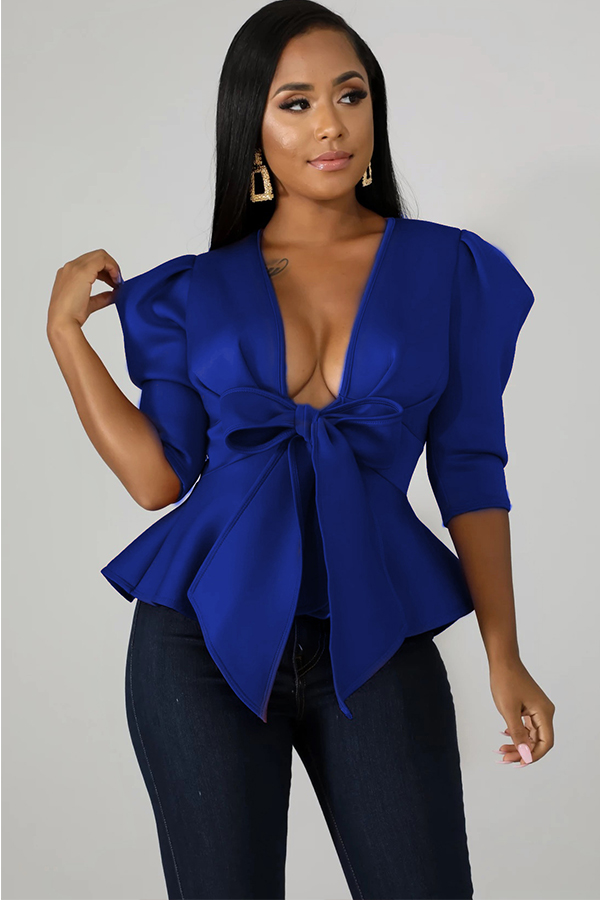 US$ 13.49 - Royal blue cardigan Short Sleeve Solid - www.venishe.com