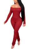 Wine Red Fashion Sexy Adult Solid Split Joint Bateau Neck Skinny Jumpsuits