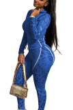 Color blue Casual Polyester Print O Neck Plus Size 