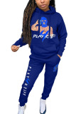 Dark Blue Casual Character Split Joint Letter Hooded Collar Long Sleeve Two Pieces