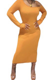 Gold Fashion Sexy Adult Acetate Fiber Solid Oblique Collar Long Sleeve Mid Calf Long Sleeve Dress Dresses