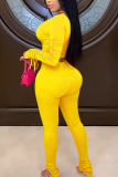 Yellow Sexy Polyester Solid Split Joint V Neck Long Sleeve Regular Sleeve Short Two Pieces