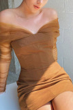Khaki Street Solid Split Joint Backless Bateau Neck Long Sleeve Mini Pencil Skirt Dresses