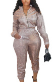 Champagne Casual Solid Split Joint O Neck Plus Size 
