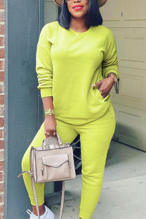 Green Casual Adult Solid Patchwork O Neck Two Pieces