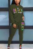 Army Green Casual Solid Letter O Neck Long Sleeve Regular Sleeve Two Pieces
