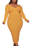 Yellow Sexy Pit Article Fabrics Solid V Neck Long Sleeve Ankle Length Pencil Skirt Dresses