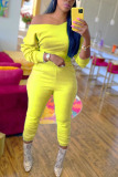 Yellow Fashion Casual Adult Solid Patchwork Oblique Collar Long Sleeve One Shoulder Regular Two Pieces