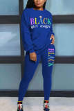 Blue Casual Solid Letter O Neck Long Sleeve Regular Sleeve Two Pieces