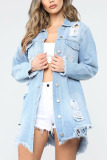 Baby Blue Fashion Casual Adult Denim Solid Ripped Turndown Collar Plus Size 