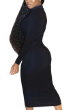 Black Fashion Sexy Adult Solid Patchwork O Neck Long Sleeve Mid Calf Long Sleeve Dress Dresses