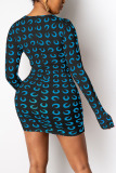Blue Fashion Sexy Adult Milk Fiber Print Draw String O Neck Long Sleeve Mini Printed Dress Dresses