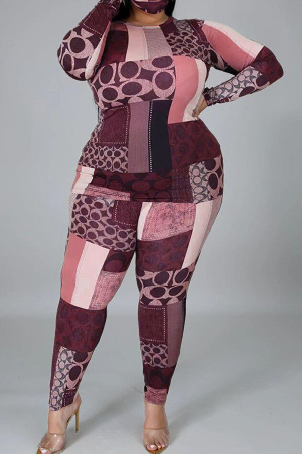 Pink Fashion British Style Adult Print Patchwork O Neck Plus Size