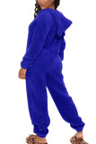Royal blue Fashion Adult Living Plush Solid Patchwork Hooded Collar Straight Jumpsuits