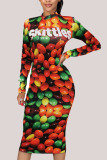 multicolor Fashion Casual Adult Polyester Print Split Joint O Neck Long Sleeve Knee Length A Line Dresses
