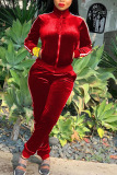 rose red Fashion Sexy Adult Solid Split Joint Mandarin Collar Long Sleeve Regular Sleeve Regular Two Pieces