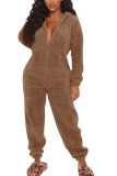 Brown Fashion Adult Living Plush Solid Patchwork Hooded Collar Straight Jumpsuits