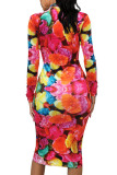 Rainbow color Fashion Casual Adult Polyester Print Split Joint O Neck Long Sleeve Knee Length A Line Dresses
