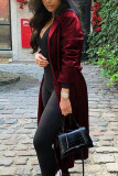 Wine Red Fashion Street Adult Faux Leather Solid With Belt Turndown Collar Outerwear