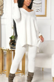 White Living Solid Patchwork V Neck Long Sleeve Regular Sleeve Two Pieces