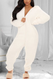 White Fashion Adult Living Plush Solid Patchwork Hooded Collar Straight Jumpsuits