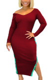 Black Sexy Pit Article Fabrics Solid Patchwork V Neck Long Sleeve Ankle Length Pencil Skirt Dresses