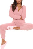Pink Fashion Adult Living Plush Solid Patchwork Hooded Collar Straight Jumpsuits