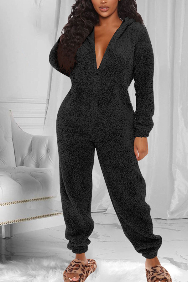 Black Fashion Adult Living Plush Solid Patchwork Hooded Collar Straight Jumpsuits