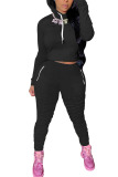 Black Fashion Sexy Adult Solid Split Joint Fold Hooded Collar Long Sleeve Regular Sleeve Regular Two Pieces