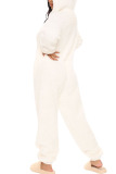 White Fashion Adult Living Plush Solid Patchwork Hooded Collar Straight Jumpsuits