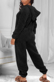 Black Fashion Adult Living Plush Solid Patchwork Hooded Collar Straight Jumpsuits