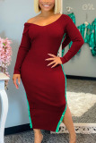 Wine Red Sexy Pit Article Fabrics Solid Patchwork V Neck Long Sleeve Ankle Length Pencil Skirt Dresses