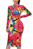 colour Fashion Casual Adult Polyester Print Split Joint O Neck Long Sleeve Knee Length A Line Dresses