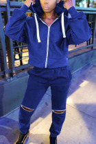 Blue Fashion Casual Adult Solid Ripped Split Joint Hooded Collar Long Sleeve Regular Sleeve Regular Two Pieces