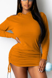 Orange Sexy Polyester Solid Split Joint Fold Hooded Collar Long Sleeve Mini Pencil Skirt Dresses