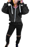 Black Fashion Casual Adult Solid Ripped Split Joint Hooded Collar Long Sleeve Regular Sleeve Regular Two Pieces