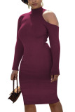 Wine Red Fashion Sexy Adult Solid Pullovers Half A Turtleneck Long Sleeve Knee Length One-piece Suits Dresses