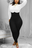 Black and white Fashion Street Adult Twilled Satin Patchwork Solid Split Joint O Neck Skinny Jumpsuits