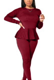 Black Casual Polyester Solid Bandage Make Old Flounce O Neck Long Sleeve Regular Sleeve Regular Two Pieces