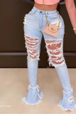 Baby Blue Casual Solid Ripped Mid Waist Boot Cut Denim