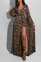Leopard print British Style Leopard V Neck Long Sleeve Floor Length A Line Dresses