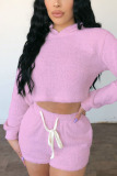 Pink Casual Velvet Solid Split Joint Hooded Collar Long Sleeve Regular Sleeve Short Two Pieces