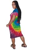 Yellow Fashion Casual adult White Blue Green Pink Yellow Multi-color multicolor Cap Sleeve Short Sleeves O neck A-Line Mid-Calf Print Patchwork Ombre bandage Dresses