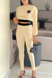Cream white Fashion Casual Adult Print Split Joint O Neck Long Sleeve Regular Sleeve Short Two Pieces
