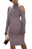 Wine Red Fashion Sexy Adult Solid Pullovers Half A Turtleneck Long Sleeve Knee Length One-piece Suits Dresses