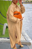 Khaki Fashion Street Adult Chiffon Solid Buttons Turndown Collar Long Sleeve Ankle Length Long Sleeve Dress Dresses