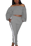 Grey Sexy Adult Solid Sequins Patchwork Bateau Neck Long Sleeve Regular Sleeve Short Two Pieces