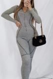 Grey Work Daily Solid Patchwork O Neck Regular Jumpsuits